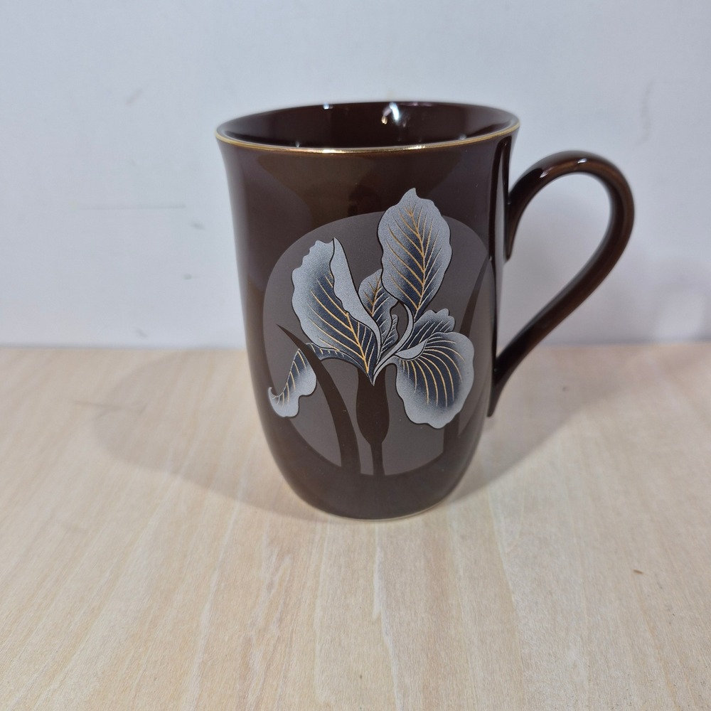 Otagiri Japan Brown Iris Flower Mug Gold Trim Coffee Tea Cup‎